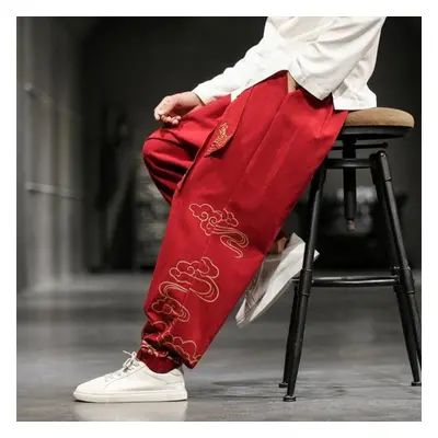 (red, XL) Chinese Style Retro Auspicious Clouds Print Pants Men Clothing Autumn Fashion Clothes 