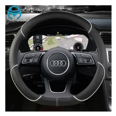 (D shape White) Microfiber Leather Sport Car Steering Wheel Cover Non-slip for Audi A1