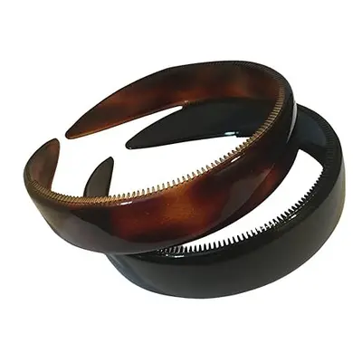 Parcelona French (Set of 2) Wide Inch Tortoise Shell Brown and Black Hair Headbands with Inner T