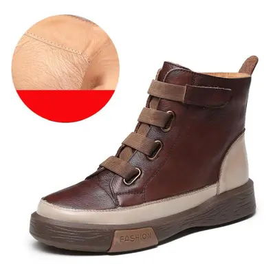 (brown, 37) Genuine Leather Ankle Shoes Women Boots Round Toe Zip Winter Sewing Leisure Handmade