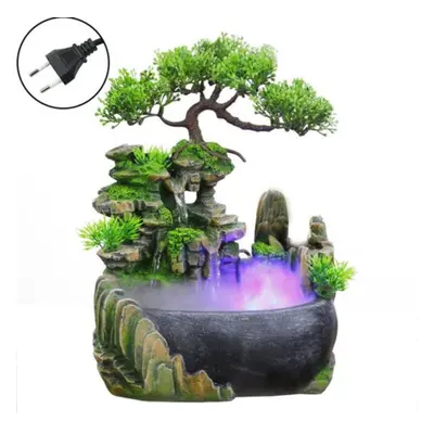 (green, EU Plug with Fog) Simulation Resin Rockery Fake Tree Feng Shui Waterfall Humidifier Deco