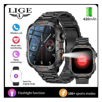 (black, steel strap) Lige New Led Flashlight Smart Watch 420mah Bluetooth Call Sports Fitness He