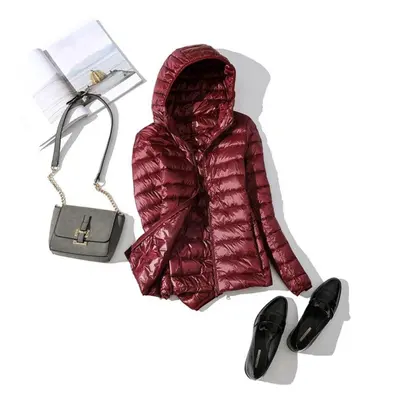 (wine red, XL) Ultra-light Plus Size Thin Down Jacket Women Autumn Winter Slim Short Hooded Warm