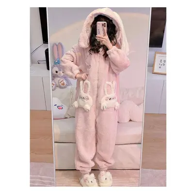 (M, pink) Coral Velvet Women Cute Rabbit Preppy Cartoon Hooded Kawaii Women Thick Warm Lovely Bu