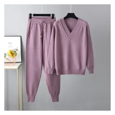 (purple, One Size) Autumn And Winter Women&apos;s Sweater Harem Pants Set Casual Sweater Pullove