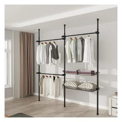 Telescopic Wardrobe Double Clothes Rail with Basket