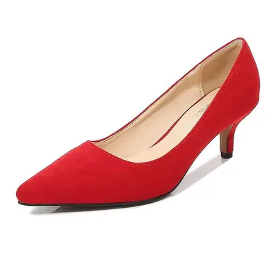 (red, 36) Women Stiletto High Heel Pumps 5cm Low Heel Flock Women Shoes Casual Office Shoes Poin