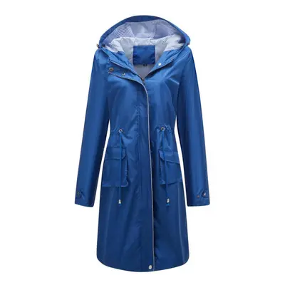 (navy blue, XL) Women&apos;s Windcheaters Hooded Long Loose Coat With Side Pocket Outdoor Light 