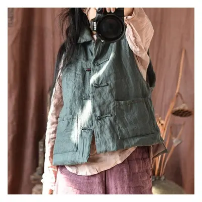 (green, One Size) Johnature Women Vintage Linen Vests Button Sleeveless Pockets Solid Color Coat