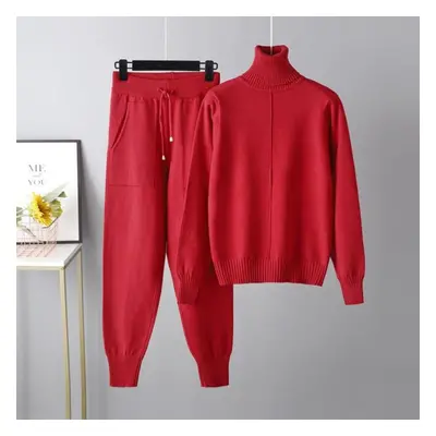 (red, One Size) Winter Women&apos;s Sweater Set Casual Fashion High Neck Solid Color Sweater Kni