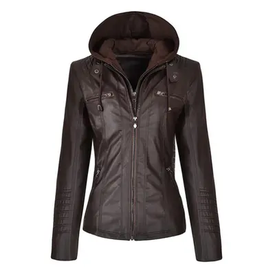 (coffee, L) All Season Women&apos;s Fashion Bomber Zipper Leather Jacket Hooded Faux Coats Winte