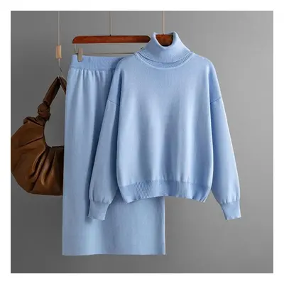 (as the picture, One Size) Women Turtleneck Knitted Skirt Suit New Fashion Casual Loose Sweater 