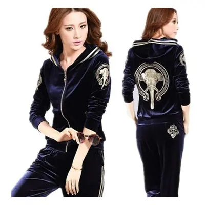 (sapphire blue, XXXL) Women Velvet Tracksuits Spring Hooded Jacket+trousers Two Sets Velvet Spor