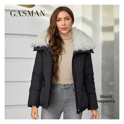 (black, XL) Gasman Fashion Winter Parkas Women&apos;s Short Fur Collar Slim Casual Hooded Warm D