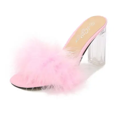 (pink, 41) Women Clear Heels Sandals Fluffy Slippers Furry Slides For Women