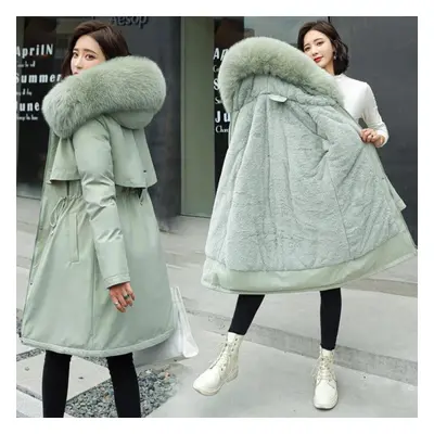 (green, XL) Winter Jacket New Women Parka Clothes Long Coat Wool Liner Hooded Jacket Fur Collar 