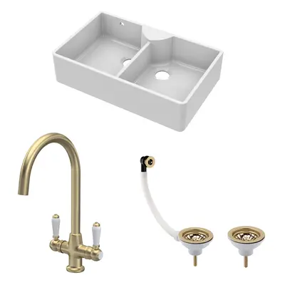 Fireclay Kitchen Bundle - Double Bowl Stepped Weir Butler Sink, Wastes & Mono Lever Tap, 895mm -