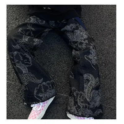 (as the picture, 2XL) Women Black Gothic Dragon Print Jeans Baggy Vintage Aesthetic Cowboy Pants