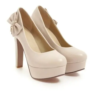 (beige, 37) Women Pu Leather Pumps Platform Super High Hoof Heels Round Toe Bow Sweet Party Spri