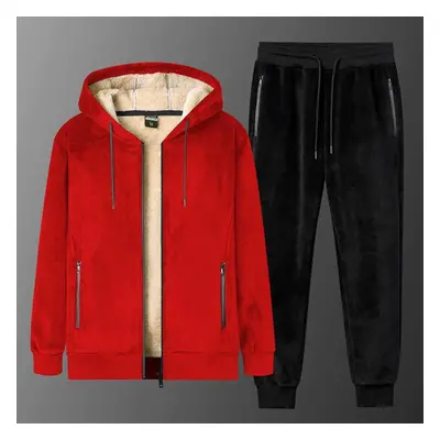 (red, L) Winter Men Sets Velvet Warm Thick Tracksuit Male Hooded Fleece Casual Jacket + Pants 2-