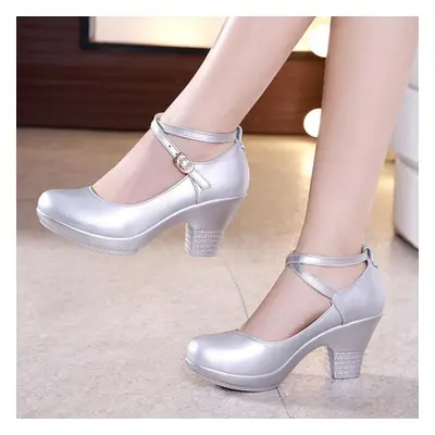 (silver, 41) Women Sexy High Heels Leather Thick Soled Platform Work Shoes Dress Wedding Pumps