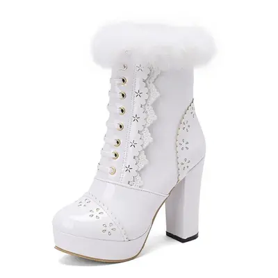 (white, 41) Women Ankle Boots Round Toe Platform Thick High Heels Zipper Short Boot Ladies Fashi