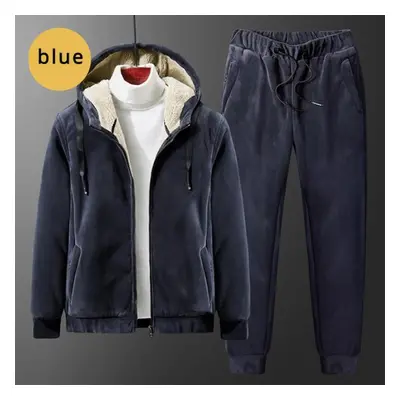 (blue, L) Men Plush And Thickened Set Warm Fashion Casual Jacket + Pants Sports Suit