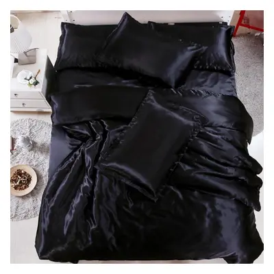 (black, 1.5m) Satin Silk Bedding Set Bed Cover Flat Sheet Pillowcases