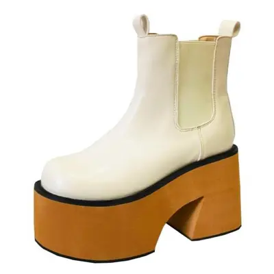 (white, 36) Gdgydh Minimalist Slip On Platform Chelsea Boots Chunky Heeled Boots For Women Faux 