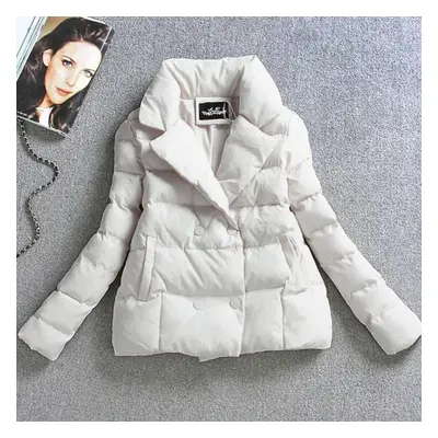 (white, M) Women&apos;s Short Slim Down Cotton Coat Thick Warm Coat Flip Collar Design Simple Ca