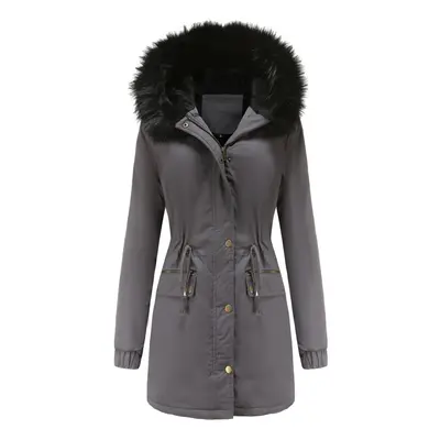 (gray, L) Womens Faux Fur Collar Hooded Jacket Winter Thicken Fleece Lined Parkas Coats Button M