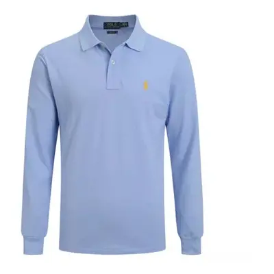 (Sky Blue, M) Men Polo Shirt Casual Long Sleeve Collared T-Shirt Sports T-Shirts Button Tops