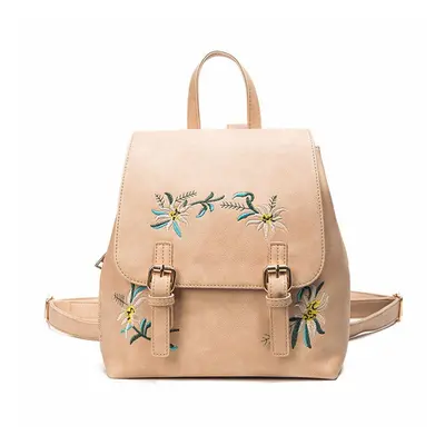 (Khaki) Floral Women Leather Backpack Embroidery School Vintage Bag