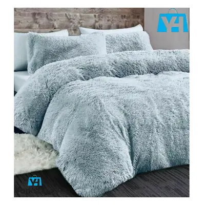 (Silver, Double) Long Pile Teddy Fleece Duvets Quilts Cover Set Warm Fluffy Bedding Pillow Case