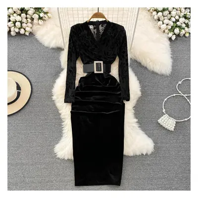 (black, XL) Autumn New Style Of Celebrity Temperament V Neck Bronzing Printing High Waist Fold S