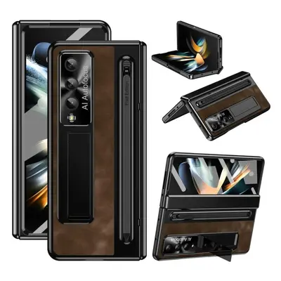 (coffee, For Galaxy Z Fold 6) Luxury Leather Bracket Pen Slot With Stylus Case For Samsung Galax