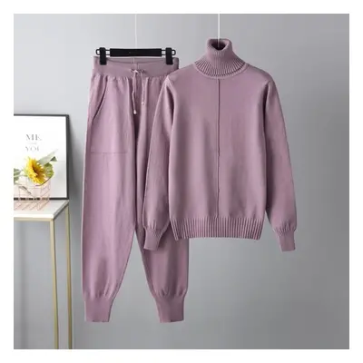 (purple, One Size) Winter Women&apos;s Sweater Set Casual Fashion High Neck Solid Color Sweater 