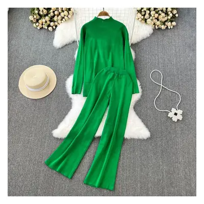 (green, One Size) Fashion Collar Loose Long-sleeved Irregular Knit Tops High Waist Thin Straight