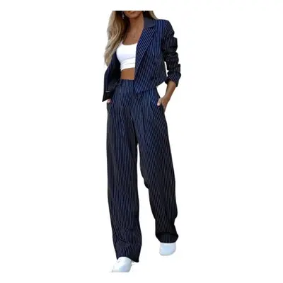 (blue, L) Pcs/set Women Coat Pants Set Ol Commute Formal Style Turn-down Collar Long Sleeve Jack