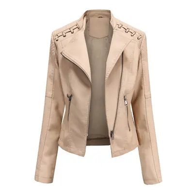 (khaki, XXL) Women Fashion Lace-up Leather Jacket Slim Fit Spring Autumn Motorcycle Jacket Zippe