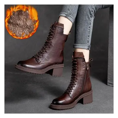 (brown, 38-Plush) Johnature Winter Boots Genuine Leather Women Shoes Plush Warm Round Toe Handma