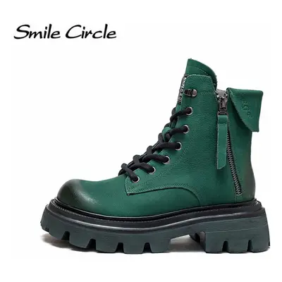 (green, 35) Natural Leather Chunky Women&apos;s Ankle Boots High Top Lace-up Thick Sole Boots Fa