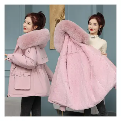 (pink, XL) Women Autumn Winter Solid Color Long Sleeve Drawstring Fur Collar Pockect Warm Coat J