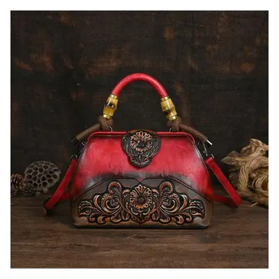 (red) Johnature Luxury Handbag Vintage Handmade Leather Carved Women Bag Versatile Female Should