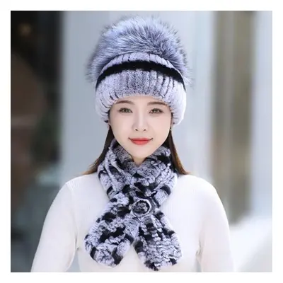 (grey,black, Good elasticity 52cm-60cm) Rex Rabbit Fur Hat Scarf Sets Women Winter Warm Luxury 1