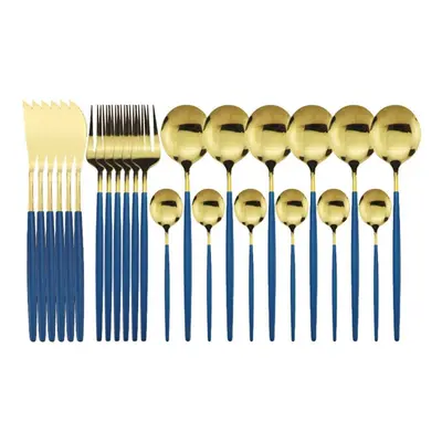 (blue,gold) 24pcs Black Gold Dinnerware Set Stainless Steel Cutlery Set Kitchen Fork Knife Spoon