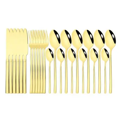 (gold) 24pcs Black Gold Cutlery Set Stainless Steel Dinnerware Knives Fork Spoon Dinner Tablewar