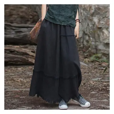 (One Size, black) Johnature Women Vintage A-line Skirts Cotton Linen Solid Color Elastic Waist S