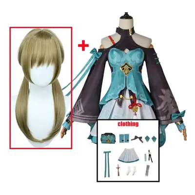 (M-(Costume+Wig)) Game Honkai Star Rail Qingque Cosplay Costume Dress Uniform Suit Outfit Qing Q