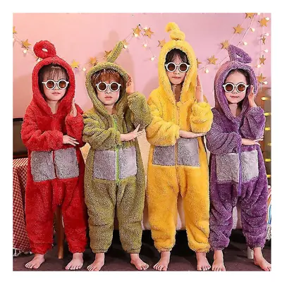 (Size 120-130CM, purple) Children's Winter Antenna Baby Onesie Coral Fleece Autumn Cartoon Warmt